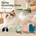 Spray pet grooming glove feature overview with green, pink and teal color options.