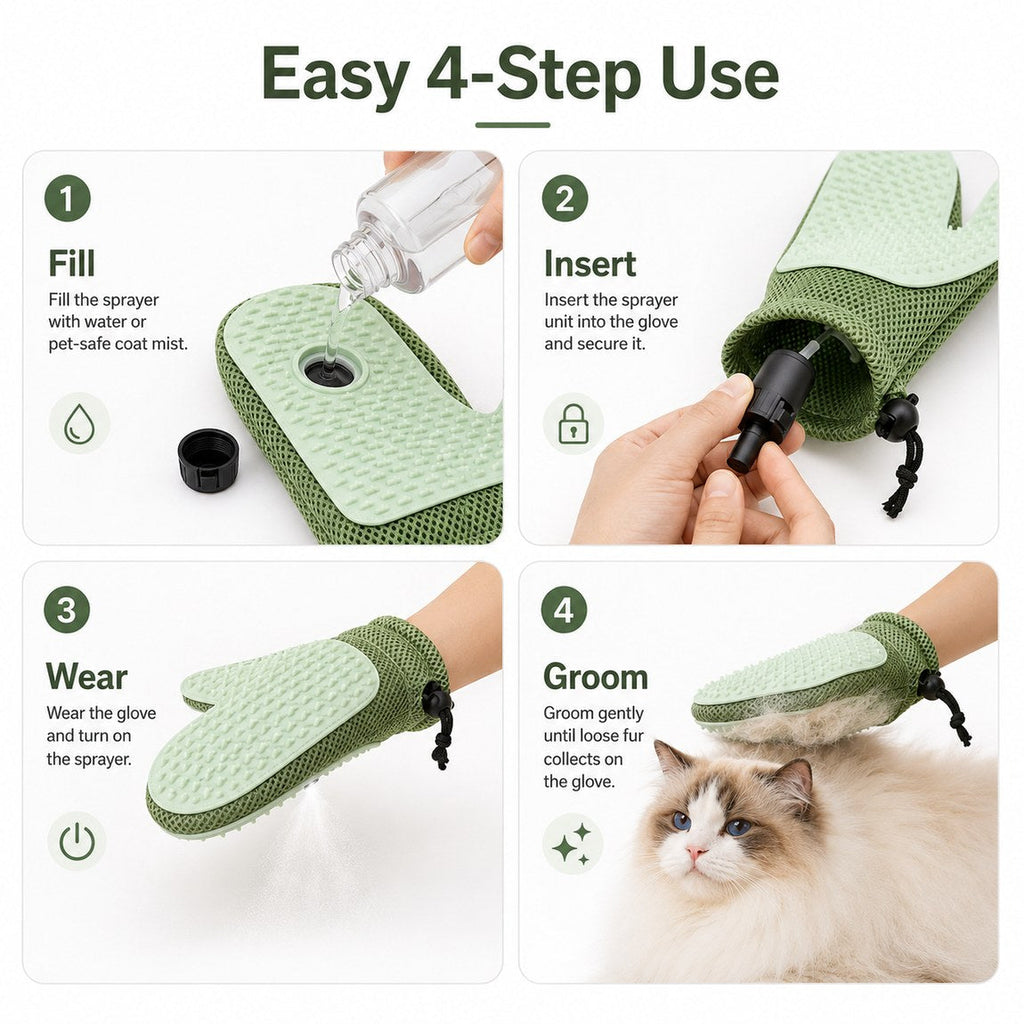 Spray pet grooming glove four step guide for filling, inserting the sprayer, wearing and grooming.