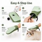 Spray pet grooming glove four step guide for filling, inserting the sprayer, wearing and grooming.