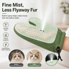 Spray pet grooming glove in green with a closeup of mist and collected fur.