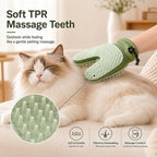 Spray pet grooming glove in green with a closeup of soft grooming nubs.