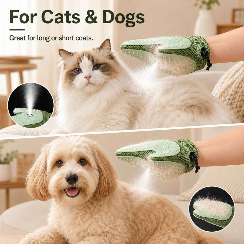 Spray pet grooming glove in green demonstrated on both a cat and a small dog.
