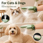 Spray pet grooming glove in green demonstrated on both a cat and a small dog.