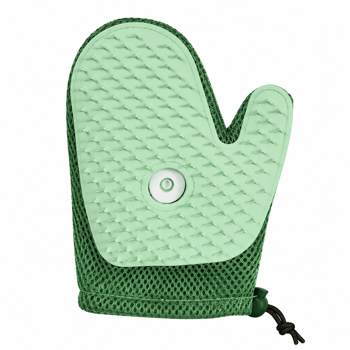 Spray pet grooming glove in green showing the textured palm, spray outlet and mesh cuff.