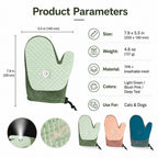 Spray pet grooming glove size and material chart with three color options.