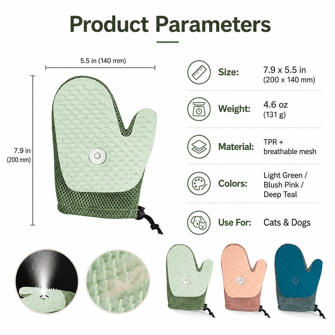 Spray pet grooming glove size and material chart with three color options.