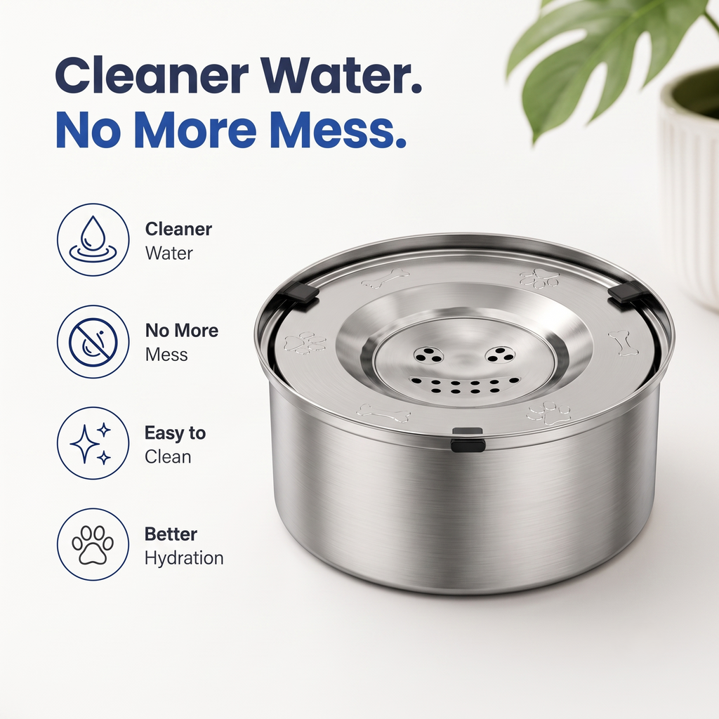 Stainless steel floating disk dog water bowl angled view of the disk and center drinking holes.