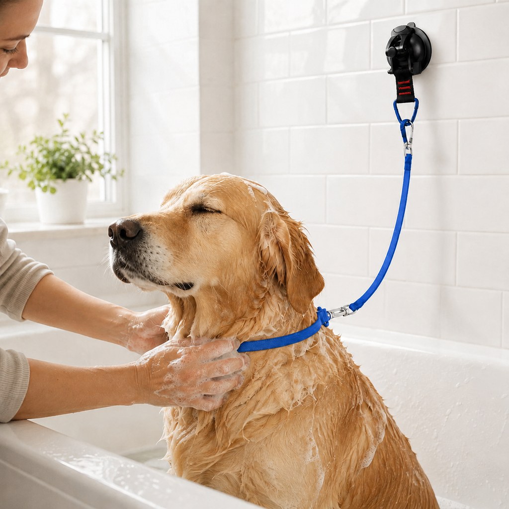 Suction cup dog grooming tether in blue used during supervised dog bathing.