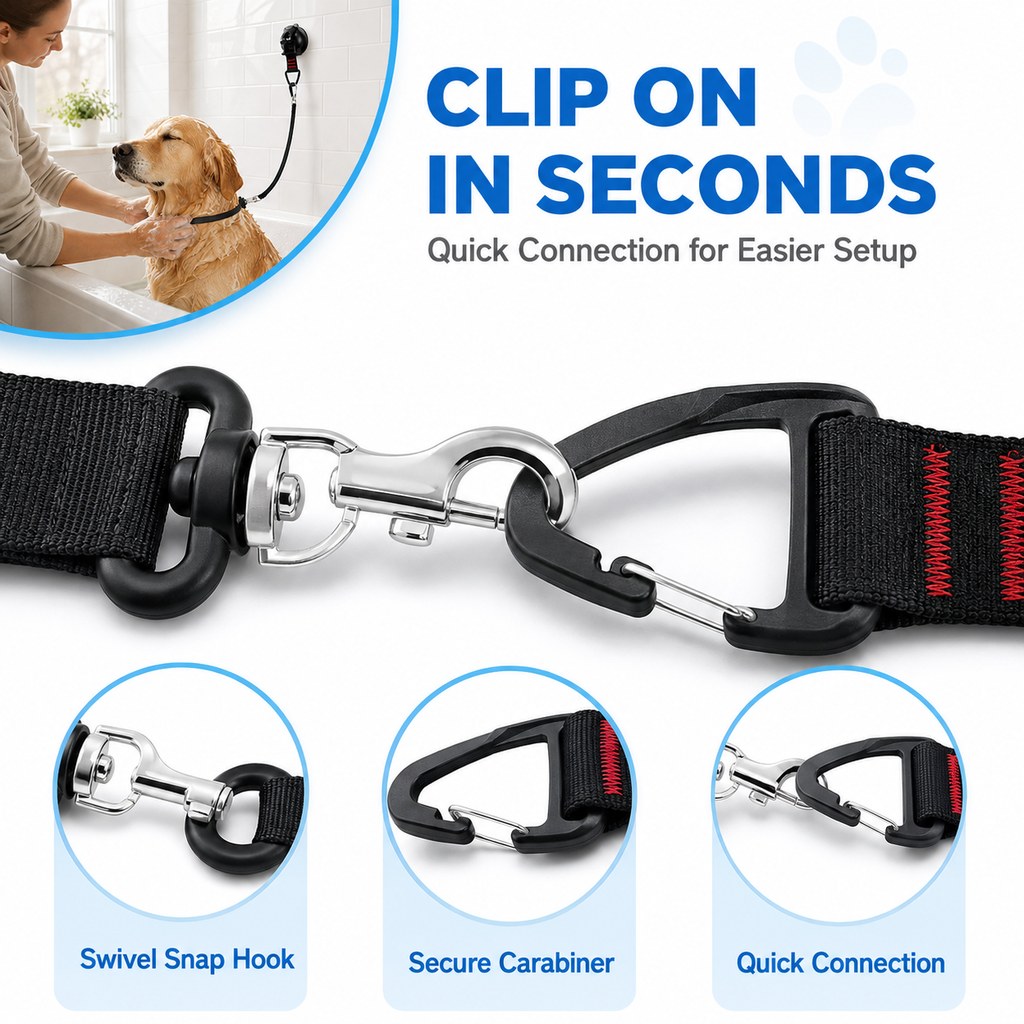 Suction cup dog grooming tether closeup of the swivel hook and carabiner connection.