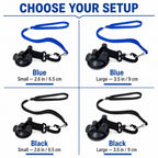 Suction cup dog grooming tether comparison of blue and black straps with small and large suction cups.