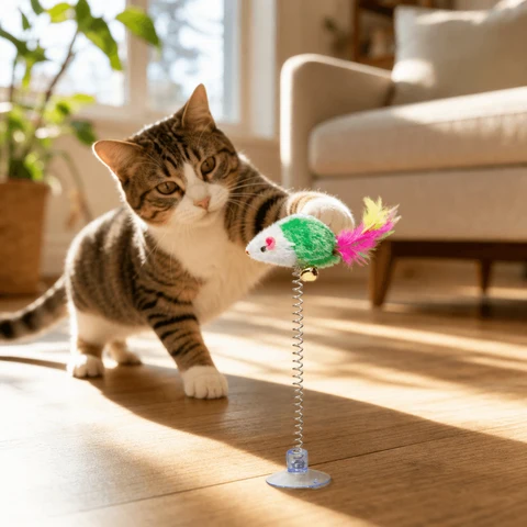Suction cup mouse cat toy with a cat pawing the bouncing mouse