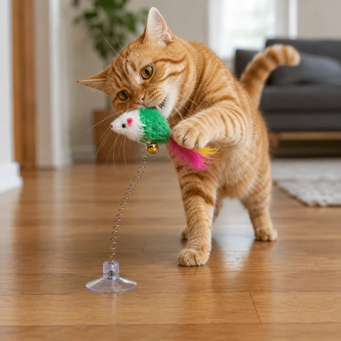 Suction cup mouse cat toy with a cat playing indoors