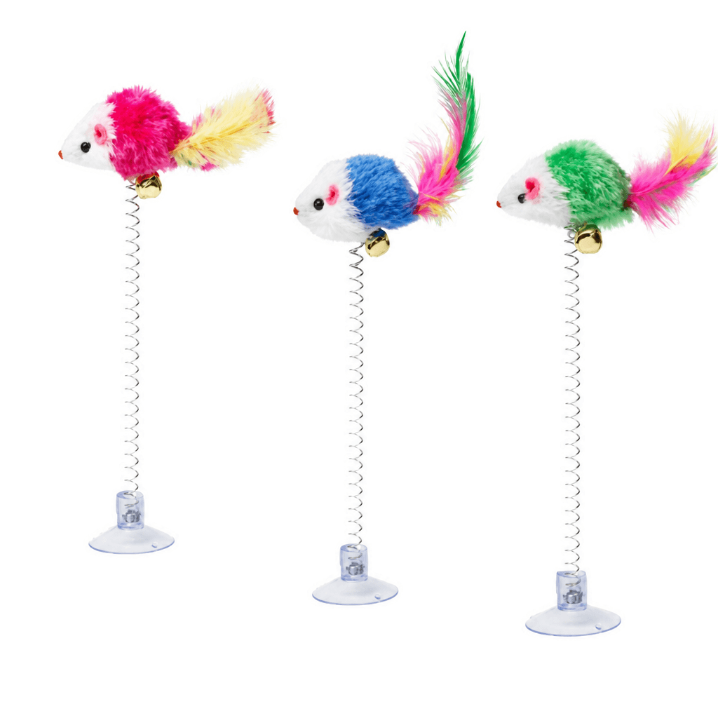 Three suction cup mouse cat toy pieces on a clean background