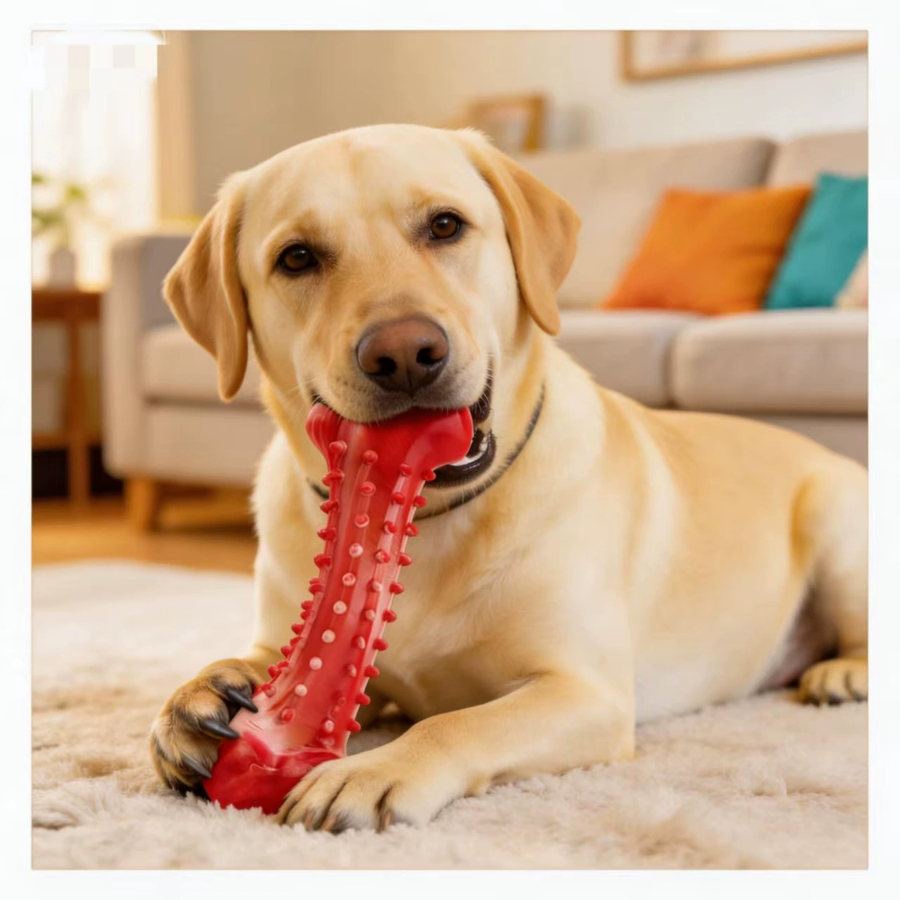 Textured rubber dog chew bone with a dog chewing indoors