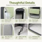 Transparent cat backpack carrier detail collage showing vents, pocket, tether and bottom mat.