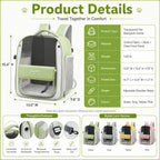 Transparent cat backpack carrier dimension and specification chart with available colors.