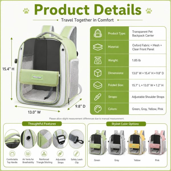 Transparent cat backpack carrier dimension and specification chart with available colors.