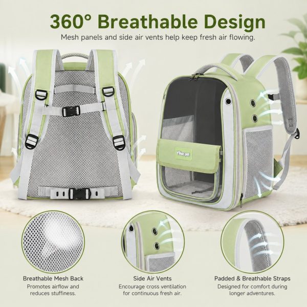 Transparent cat backpack carrier front and rear views highlighting mesh panels and air vents.