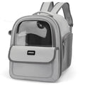 Transparent cat backpack carrier in gray displayed against a white background.