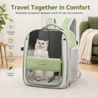 Transparent cat backpack carrier in green with a cat sitting behind the clear front panel.