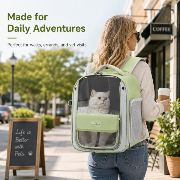Transparent cat backpack carrier in green worn on a city outing with a cat inside.