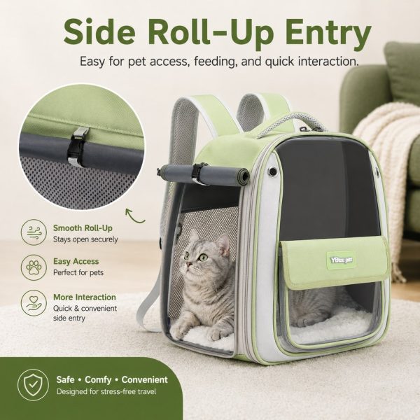 Transparent cat backpack carrier showing the rolled up side entrance beside a cat.