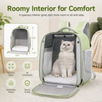 Transparent cat backpack carrier unzipped at the front to show a cat and interior space.