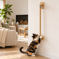 Wall-mounted cotton cat climbing rope with a cat climbing the wall-mounted rope