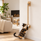 Wall-mounted cotton cat climbing rope with a cat climbing the wall-mounted rope