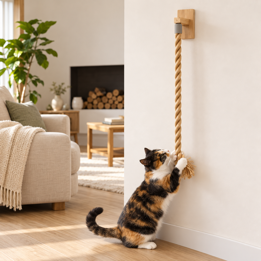 Wall-mounted cotton cat climbing rope with a cat climbing the wall-mounted rope