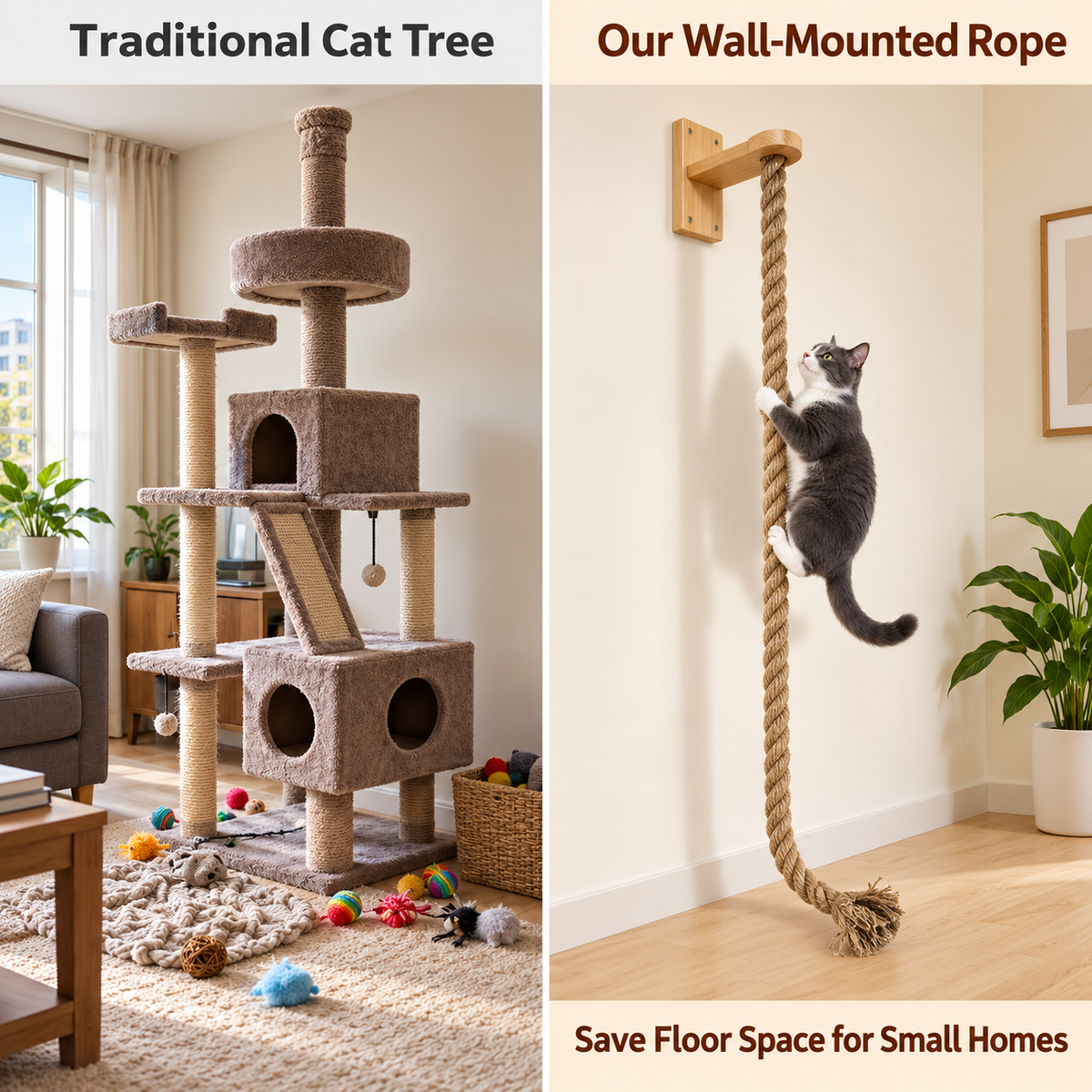 Wall-mounted cotton cat climbing rope shown in a space saving comparison graphic