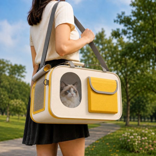Yellow and white mesh pet carrier carried over a shoulder outdoors with a cat visible inside.