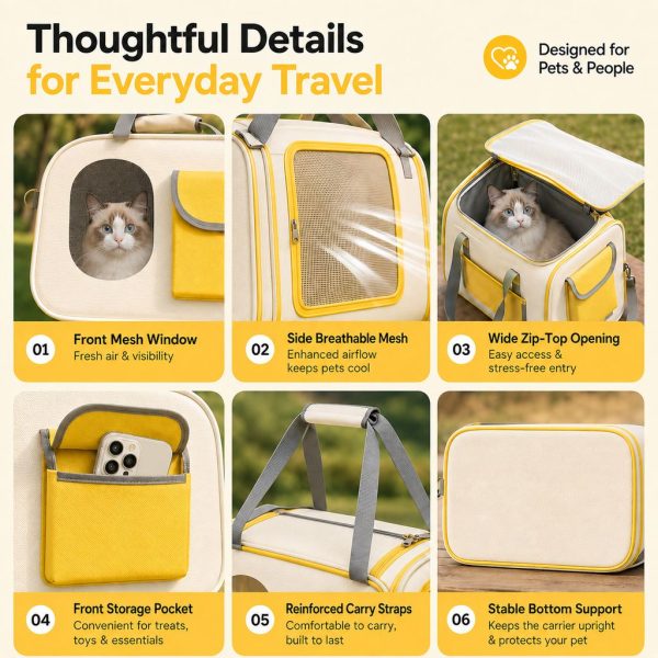 Yellow and white mesh pet carrier detail collage showing windows, top opening, pocket, straps and base.