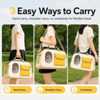 Yellow and white mesh pet carrier demonstrating hand, shoulder and crossbody carrying outdoors.