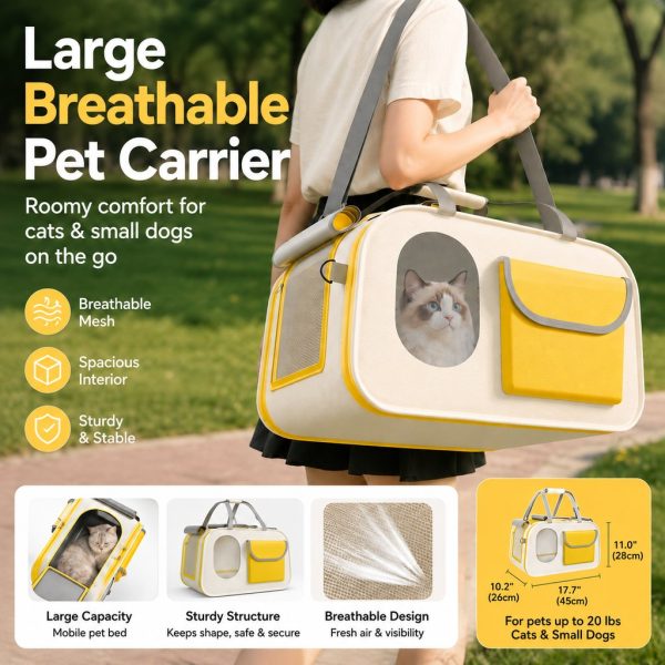 Yellow and white mesh pet carrier outdoor feature overview showing mesh panels, handles and dimensions.