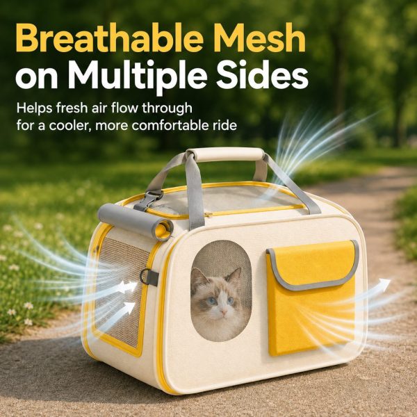 Yellow and white mesh pet carrier on a park bench with arrows illustrating mesh ventilation.