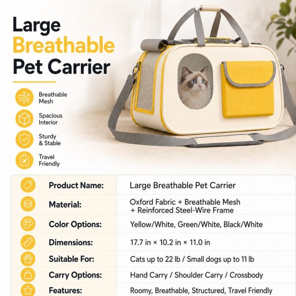 Yellow and white mesh pet carrier product overview showing materials, dimensions and carrying options.