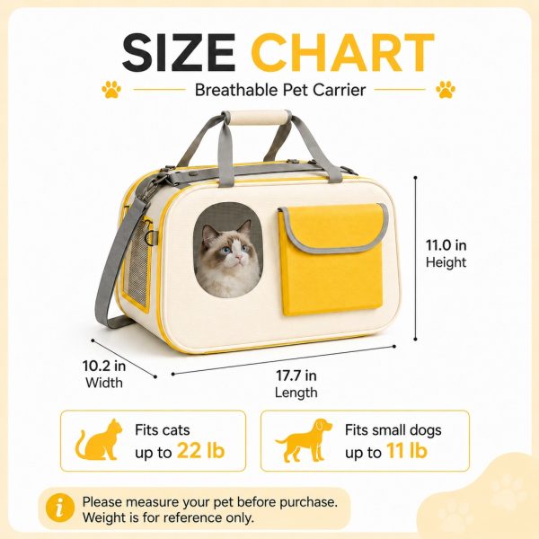 Yellow and white mesh pet carrier size chart with length, width, height and pet fit guidance.