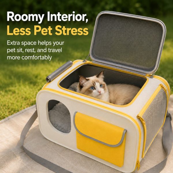 Yellow and white mesh pet carrier with the top unzipped and a cat resting inside.
